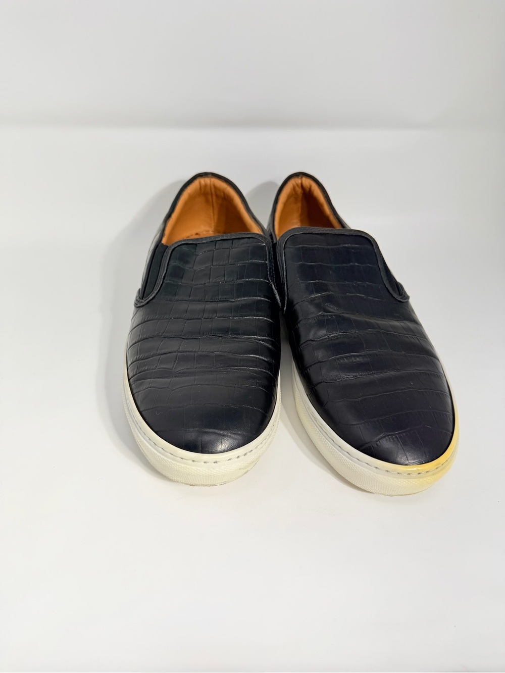 Saks Fifth Avenue Black Croc-Embossed Slip-On Sneakers with White Sole
